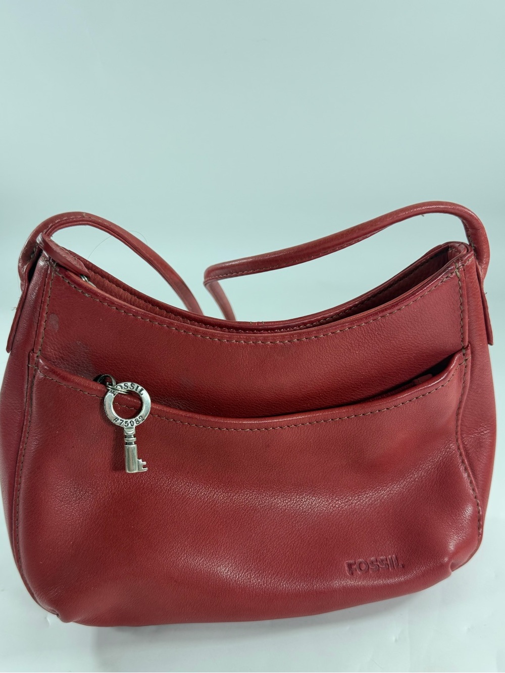 Y2K Fossil Red Leather Shoulder Bag Key Charm Small Crossbody Purse